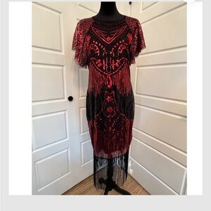 20’s Gatsby Red and Black Fringe Flapper Dress NWOT